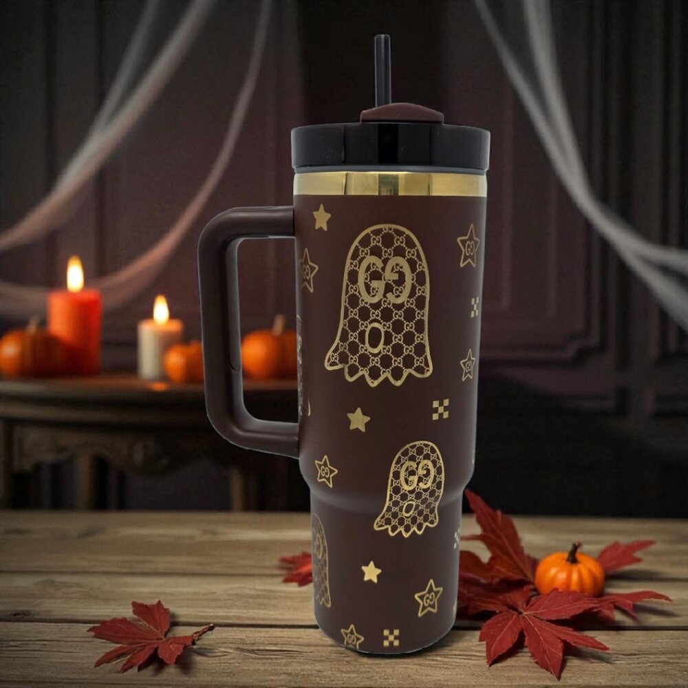 Designer-Inspired Spooky Ghosts 30oz Chocolate and Gold Laser Engraved Tumbler